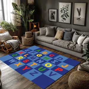 Blue Checkered Colorful Alphabet Crystal Velvet Kids Educational Play Rug #AlphabetLearningRug #CheckeredFloorMat #CrystalVelvetCarpet #ToddlerAntiSlipPlayMat