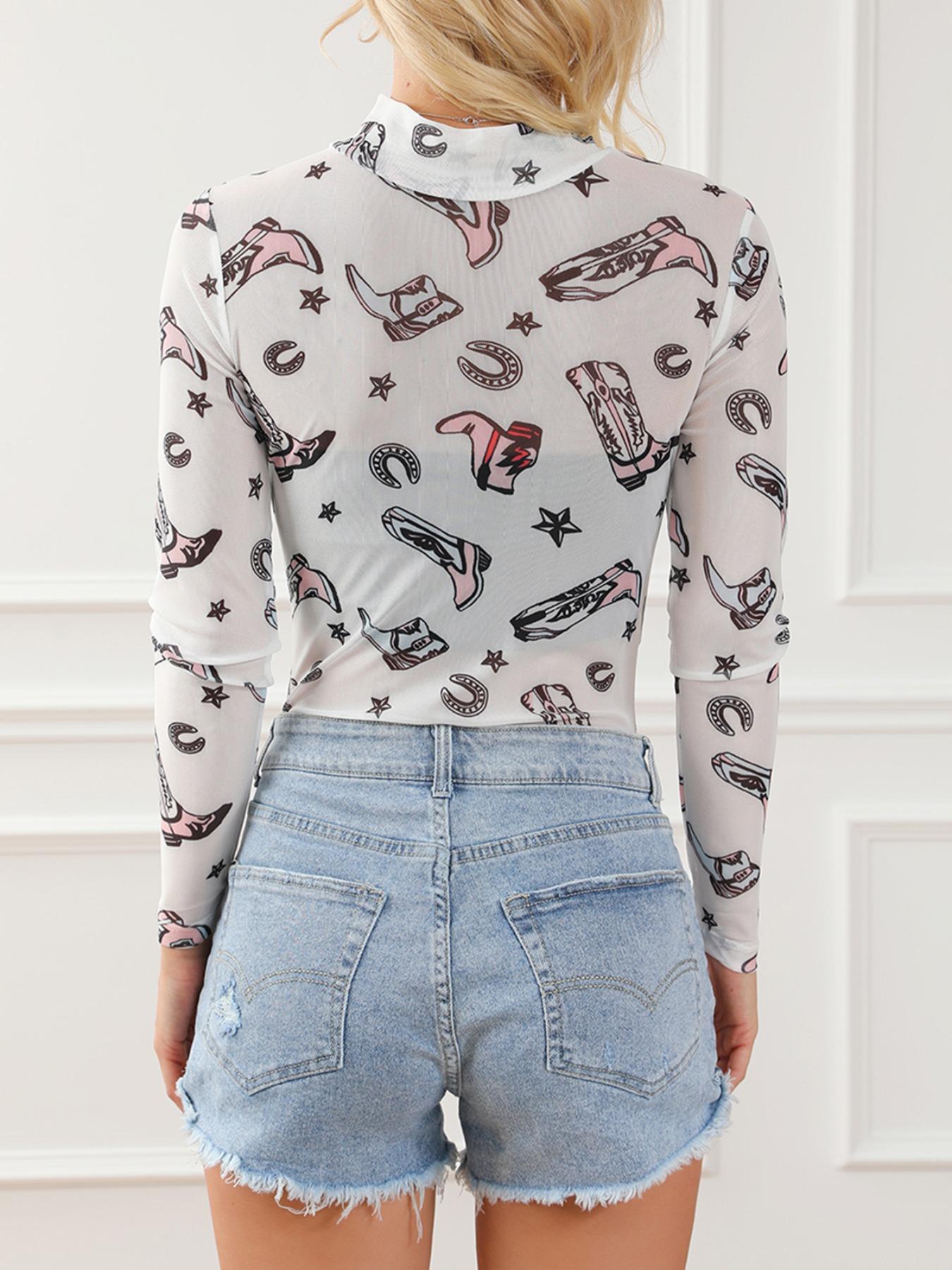 Women's Boot Print Mock Neck Semi-Sheer Bodysuit, Sexy Fashion Long Sleeve Bodysuit for Spring & Fall, Women's Clothes for Daily Wear