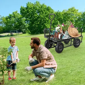 500LBS Heavy Duty Steel Garden Cart Removable Mesh Sides Folding Liner 10 Inch Pneumatic Tires 2 in 1 Pull Handle Utility Wagon for Lawn Yard Garden and Farm