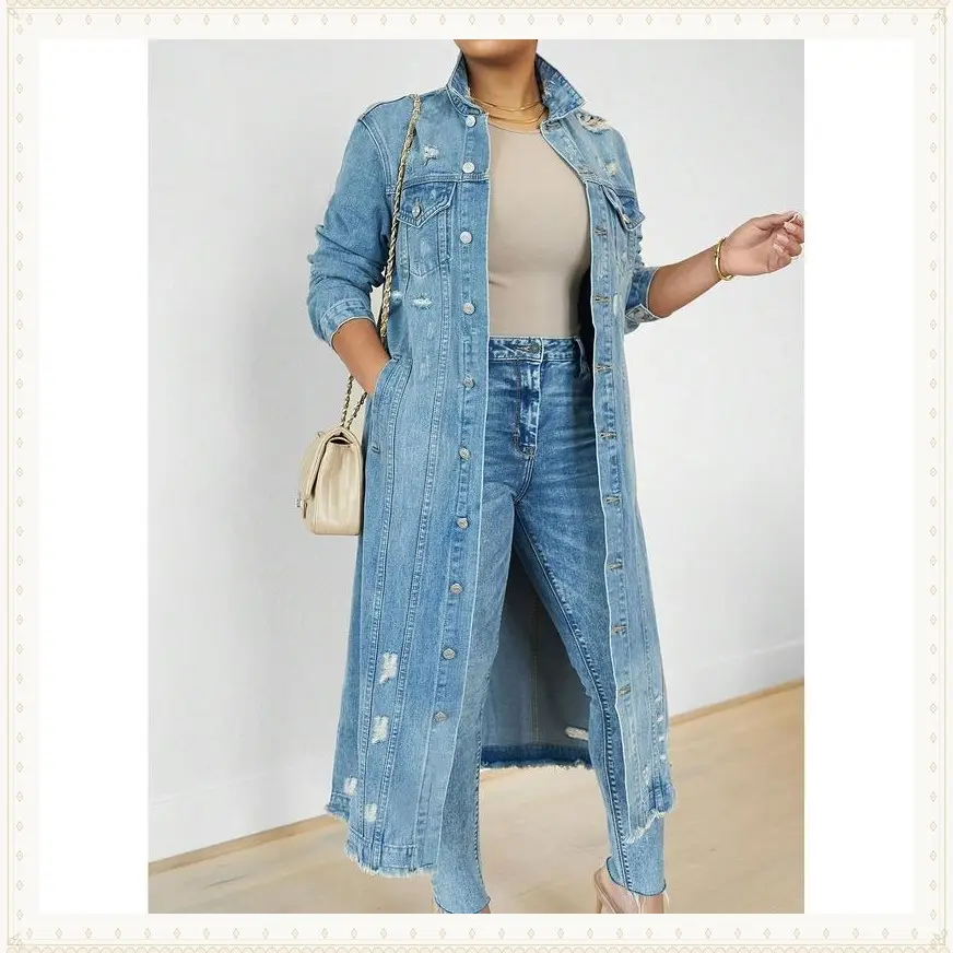 WomensDistressedRippedDenimTrenchCoatCasualSlimButtonDownWashedLongJeanJacketLongSleeveSolidColorCoat
