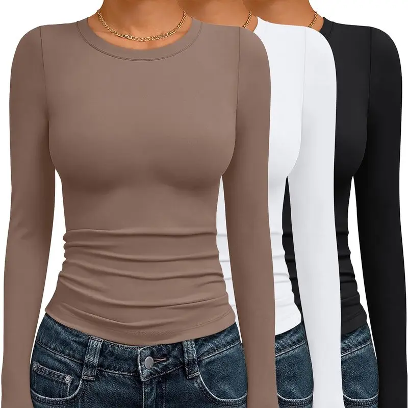 Women’s 3-Pack Long Sleeve Compression Casual Shirts - High-Stretch Slim-Fit Basic Round Neck Tees, Soft Fabric Under Scrub Long Sleeve Base Layer for Fall Winter Daily Wear