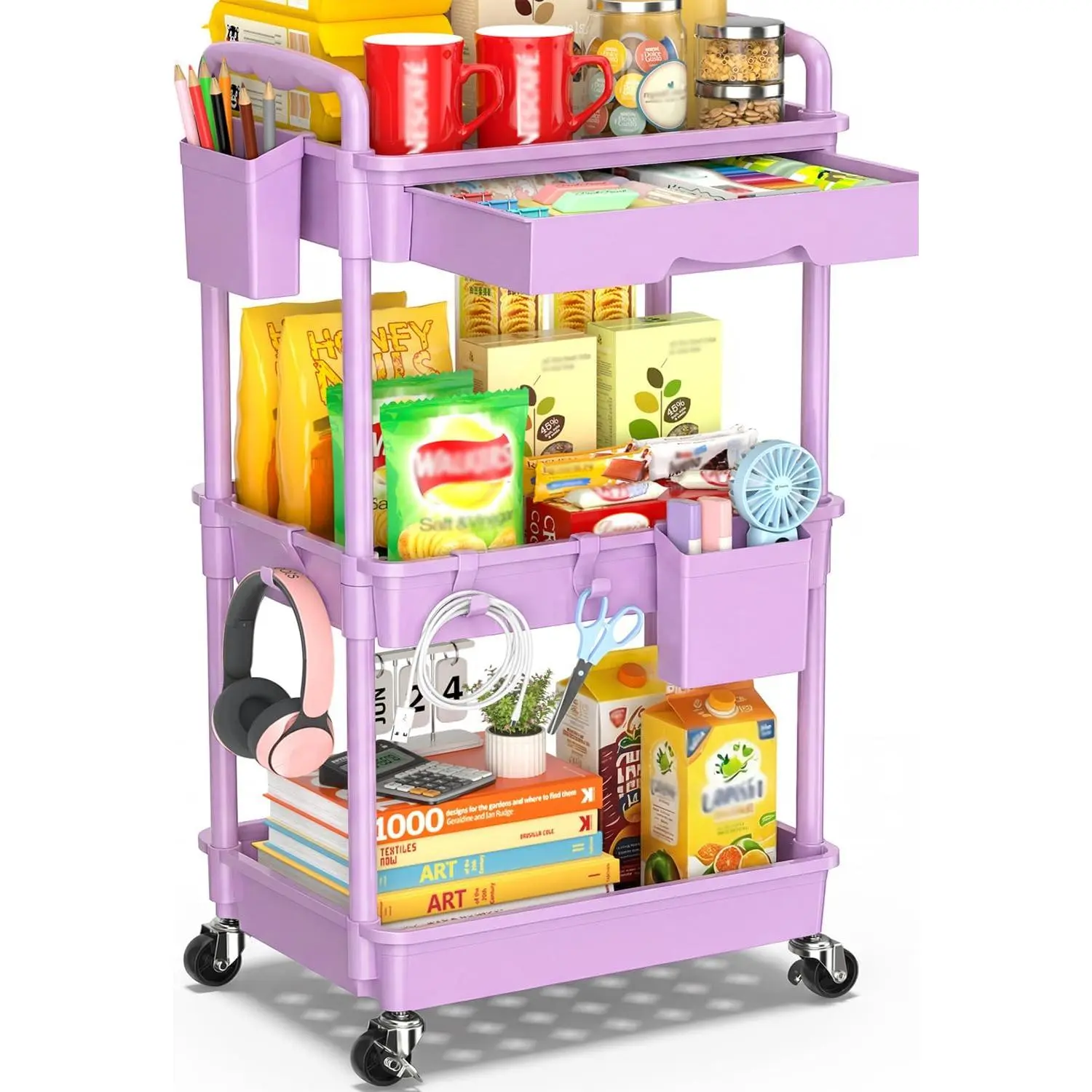 3 Tier Rolling Cart Organizer with Drawer, Bathroom Storage Carts with Wheels & Plastic Shelf, Mobile Storage Organizers for Kitchen, Office, Laundry Room, , Snack, Craft, Makeup,