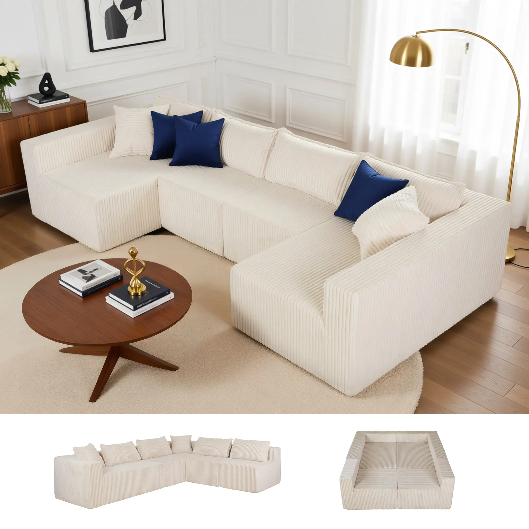 Claiks 128" U-Shaped Modular Sectional Sofa - Fully Assembled, 128" l x 57" d x 23.6" h, 330 lbs/seat, Durable Corduroy Fabric, Oversized Cloud Couch with Double Chaise, for Living Room, Apartment