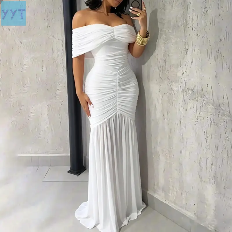 YYT1 Women's Graduation Elegant Dress Slim Fit Off Shoulder Evening Dress Ruched Mermaid Hem Maxi Dress Guest, Formal Event & Occasion