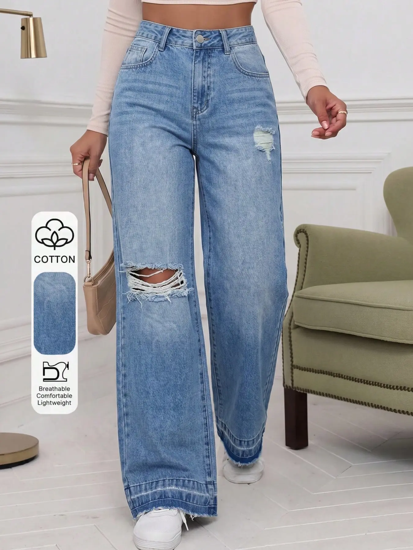 High Waisted Distressed Wide Leg Jeans for Women, Ripped Frayed Hem Denim Jeans, Trendy Streetwear, All-Season Casual Fashion