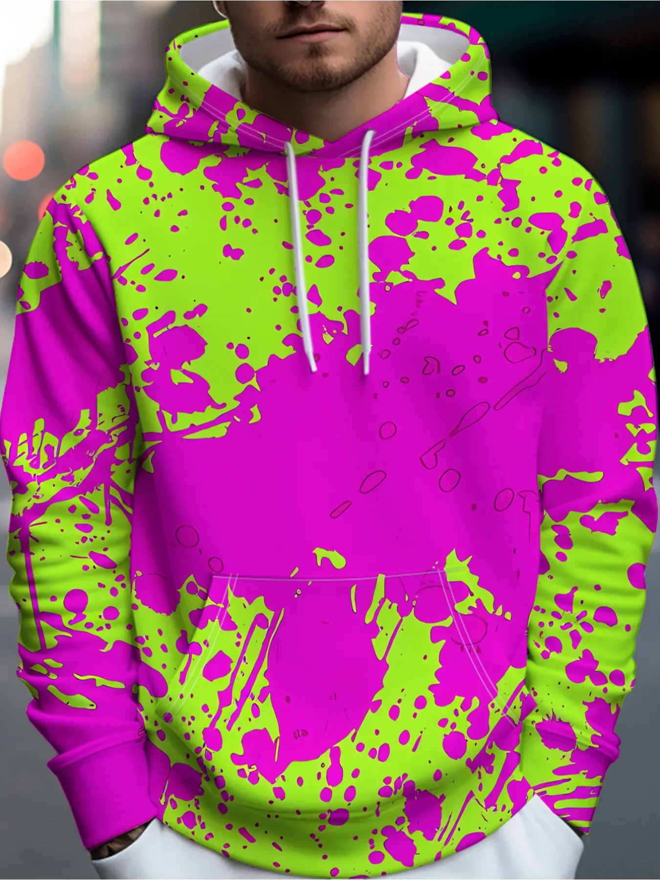 Men's trendy brand streetwear hooded sweatshirt in fluorescent green and bright pink splattered abstract design - full of streetwear style, with rich pattern elements and artistic appeal, easily creating a personalized outfit.