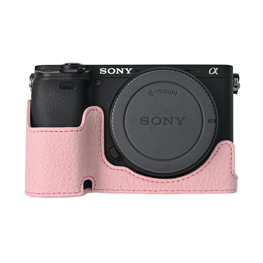 Litchi Pattern PU Leather Camera Half Case for Sony A6300 A6400 A6000 A6100 Bottom Opening Magnetic Cover With Strap