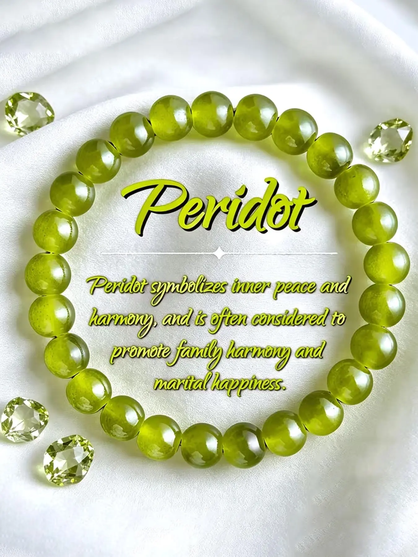 1pc Natural Peridot Crystal Bracelet Smooth Round Bead Elastic Wristband Inner Peace Positive Energy Bracelets for Daily Wear