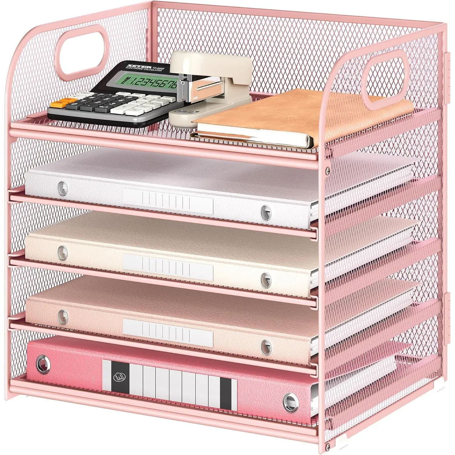 5 Tray Paper Organizer Letter Tray with Handle - Mesh Desk File Organizer, Paper Sorter Organizer for Office, Home or School File Folder Holder - Pink
