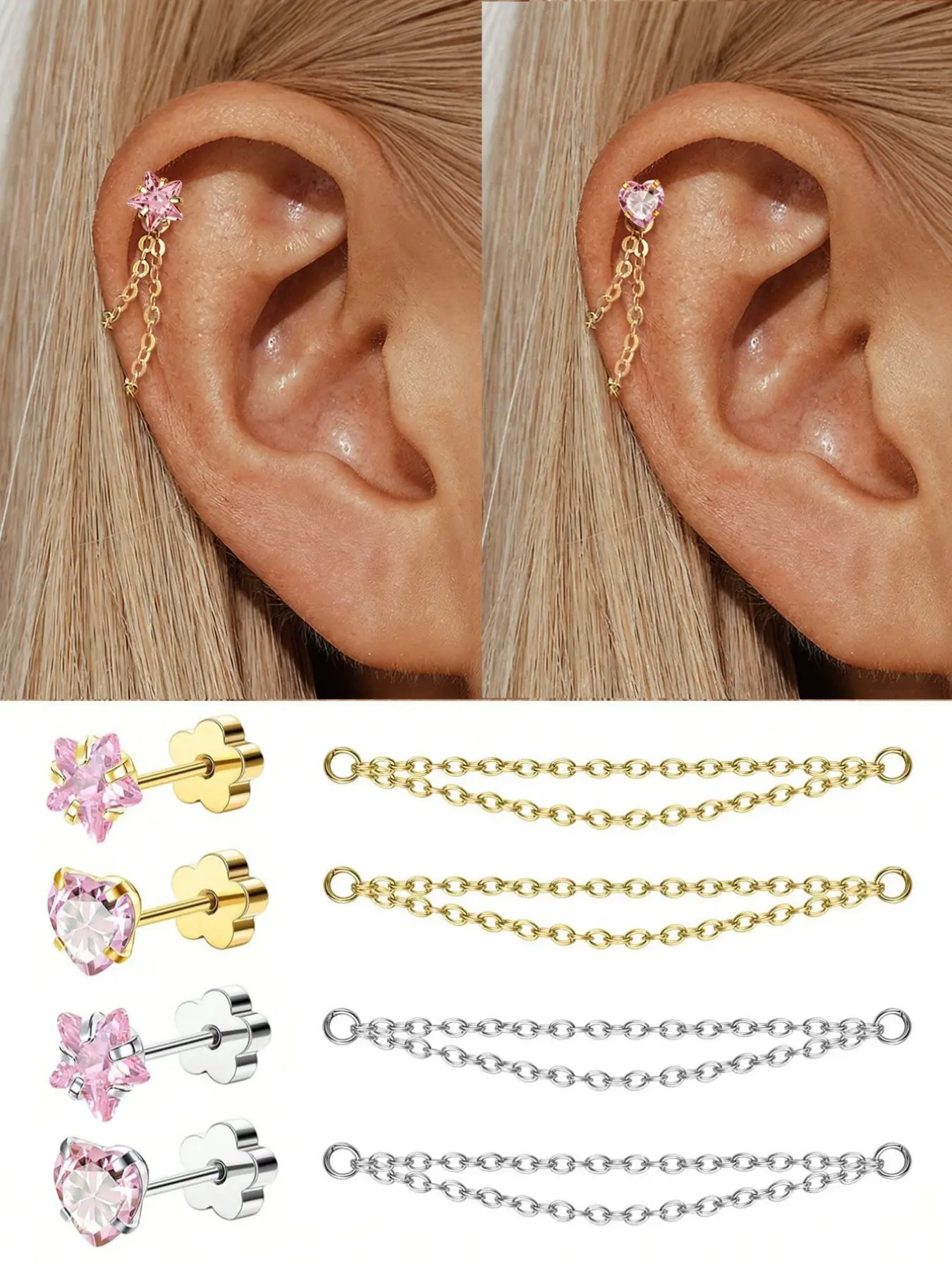 4 Pcs 18k Detachable Earrings with Stars and Heart Charms, Hypoallergenic Poster Ear Cuffs, Perfect for Weddings and Parties