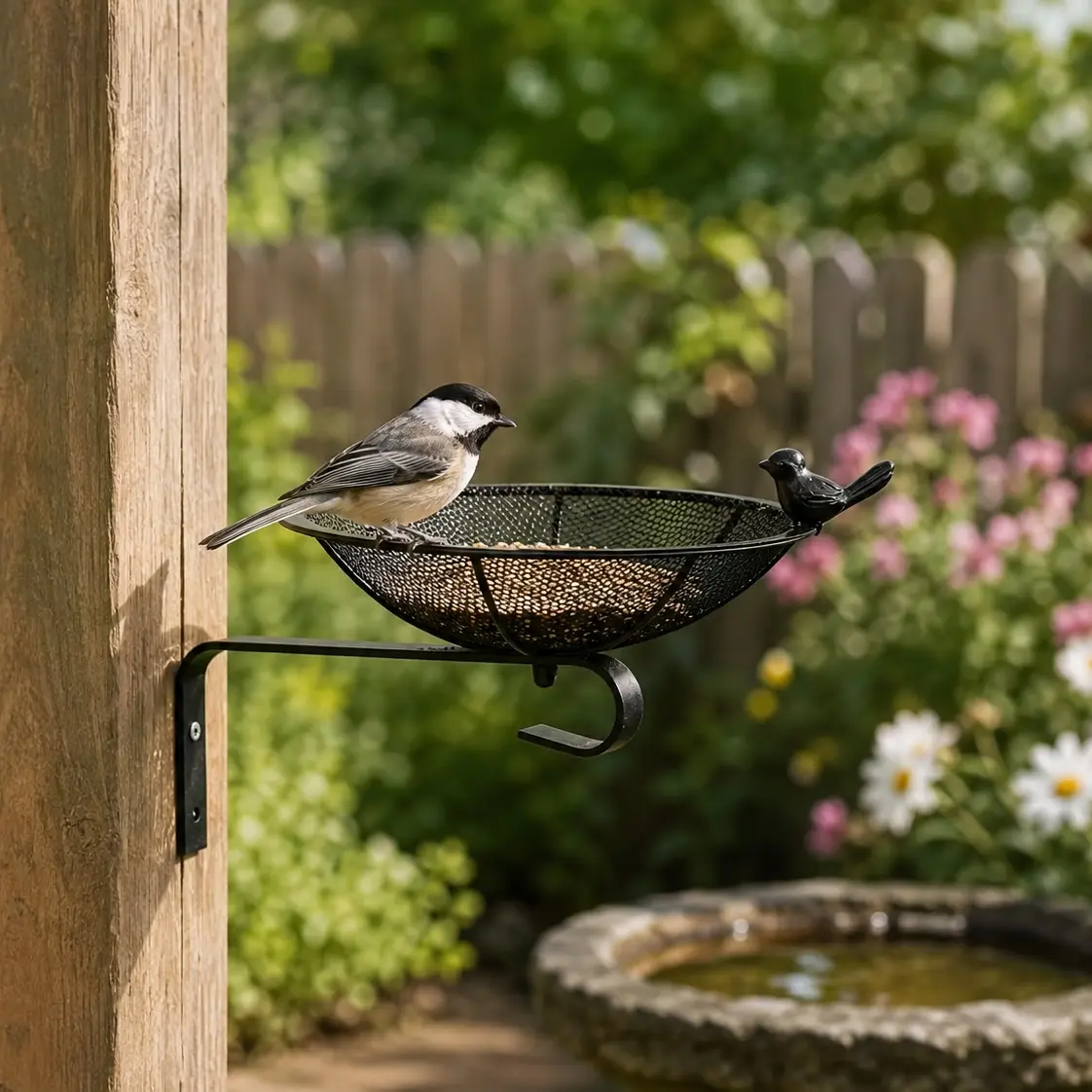 Bird Feeder for Outdoors, Metal Mesh Bird Feeder Tray with Hook, Wall Mounted Circular Platform Birdfeeder for Cardinal and Wild Birds, Outdoor Bird Feeding Tray for Garden, Fence and Patio