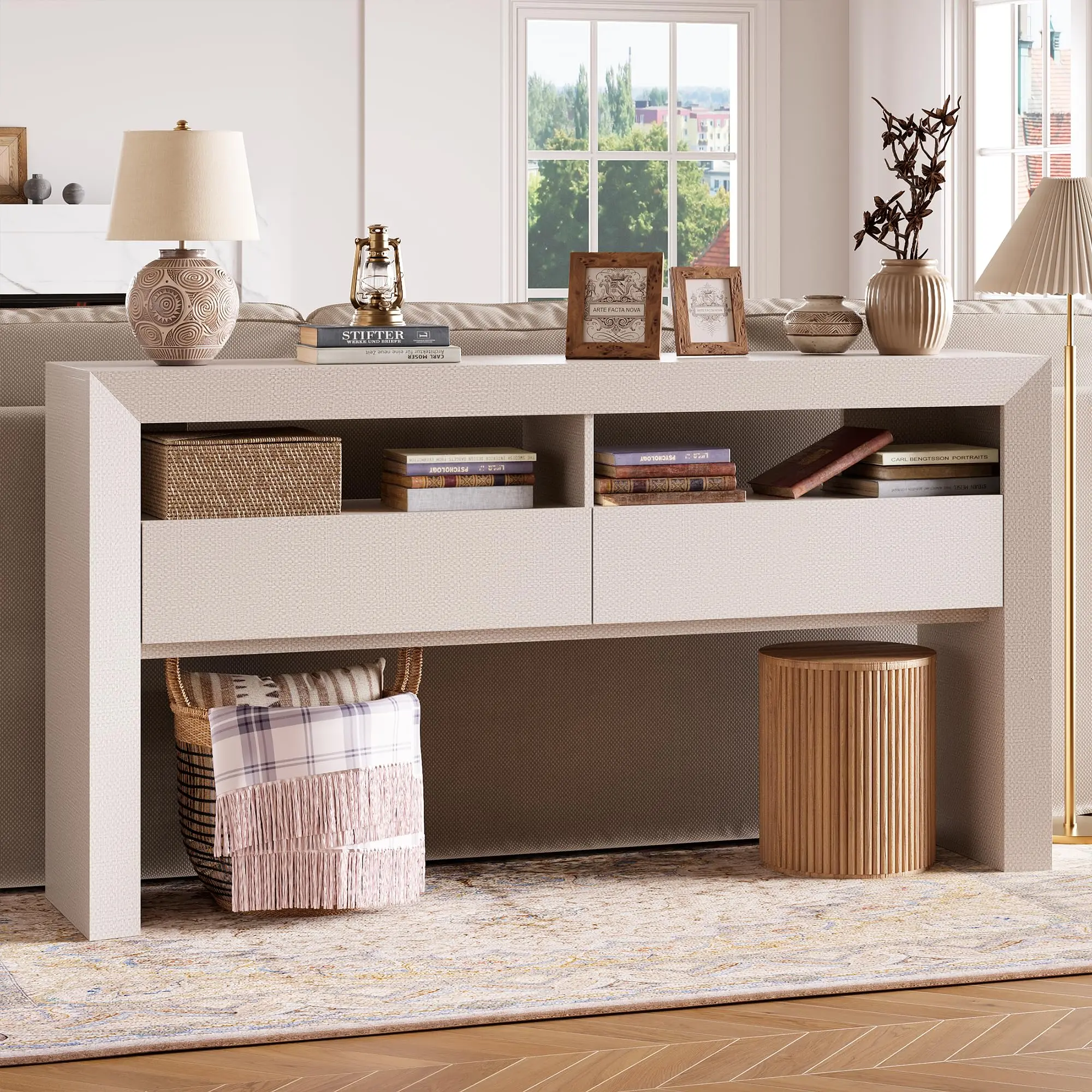 Garvee Farmhouse Oak Console Table 63" with 2 Drawers & Open Storage Shelves – Narrow Entryway or Behind Couch Table – Solid Wood Accent – Classic Living Room Furniture