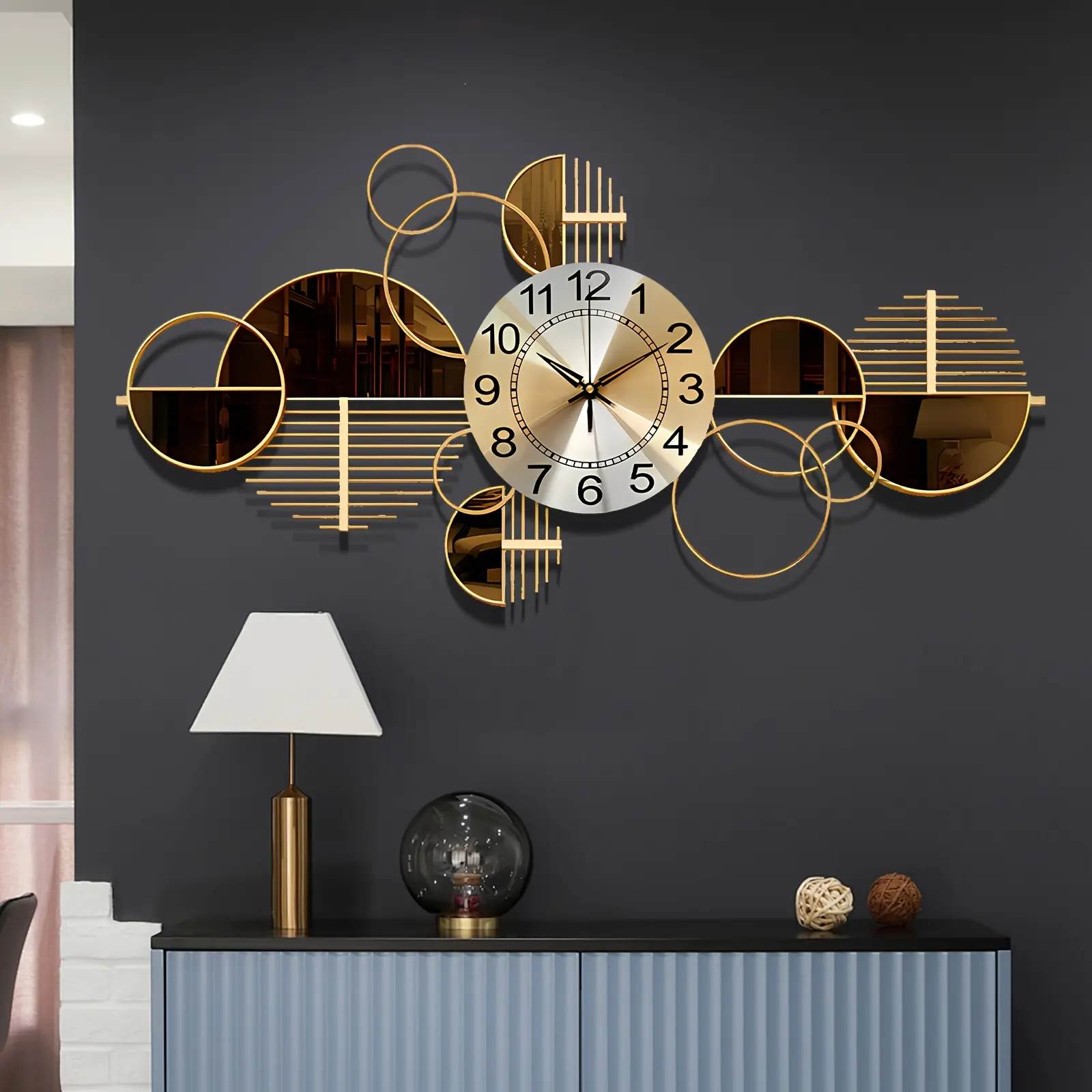 Metal Wall Clock Decorative 3D Metal Wall Art Clock For Living Room Bedroom Creative Modern Big Wall Clock Decor With Silent No-Ticking 34 X 17 Inch