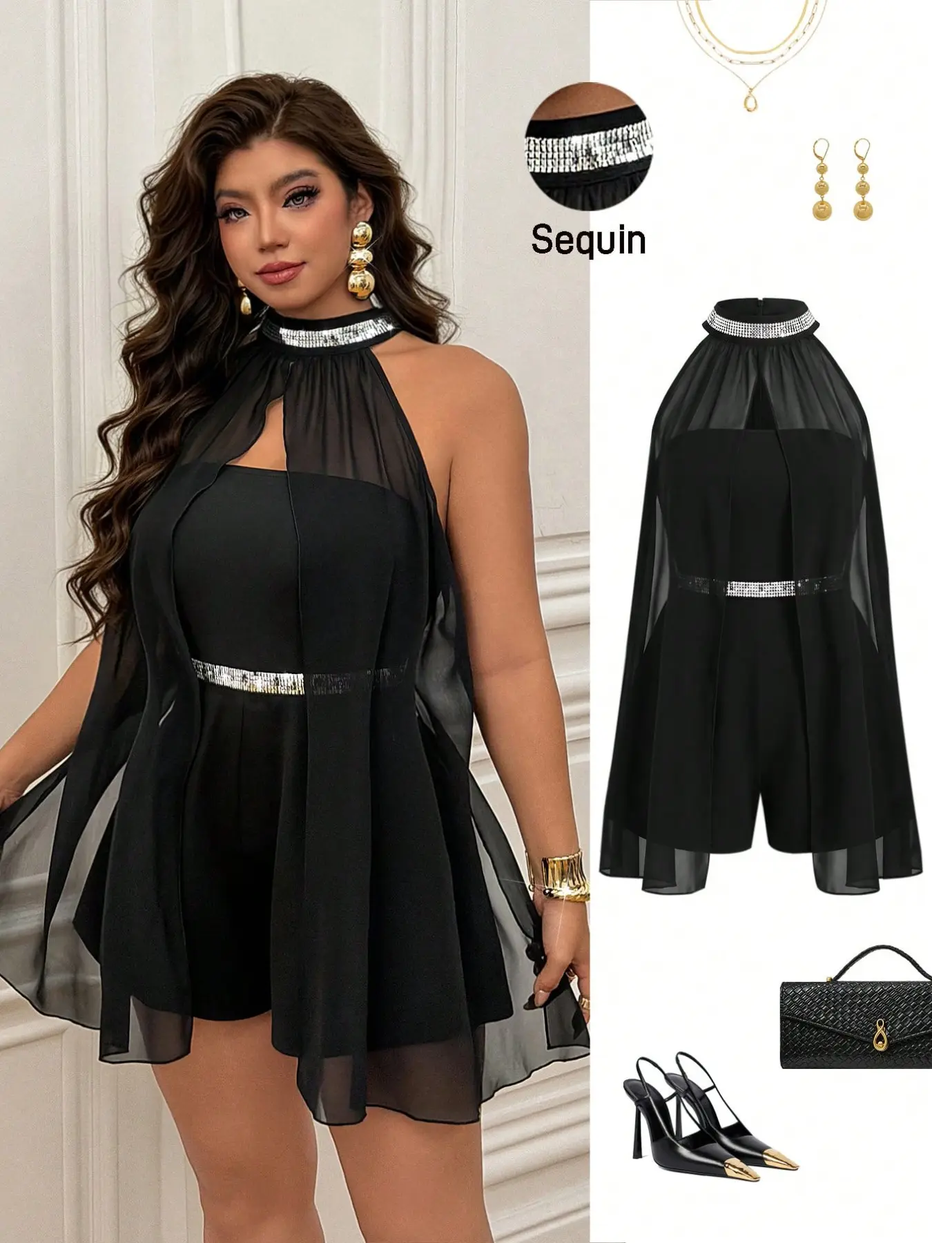 Plus Size Women’s Sequin Mock Neck Romper, Sleeveless Chiffon Cape Overlay Jumpsuit with Sparkle Waist Detail, Elegant Dressy One Piece for Party, Dinner and Special Occasions