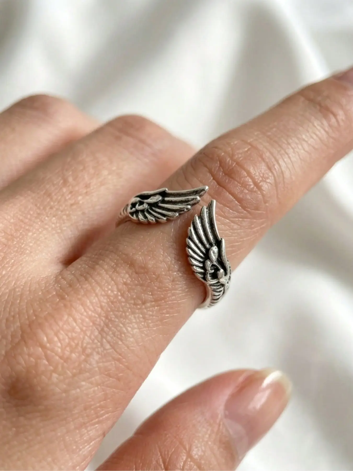 Vintage Silver Angel Wing Open Rings for Women Men, Retro Feather Adjustable Ring, Punk Gothic Aesthetic Jewelry Gift
