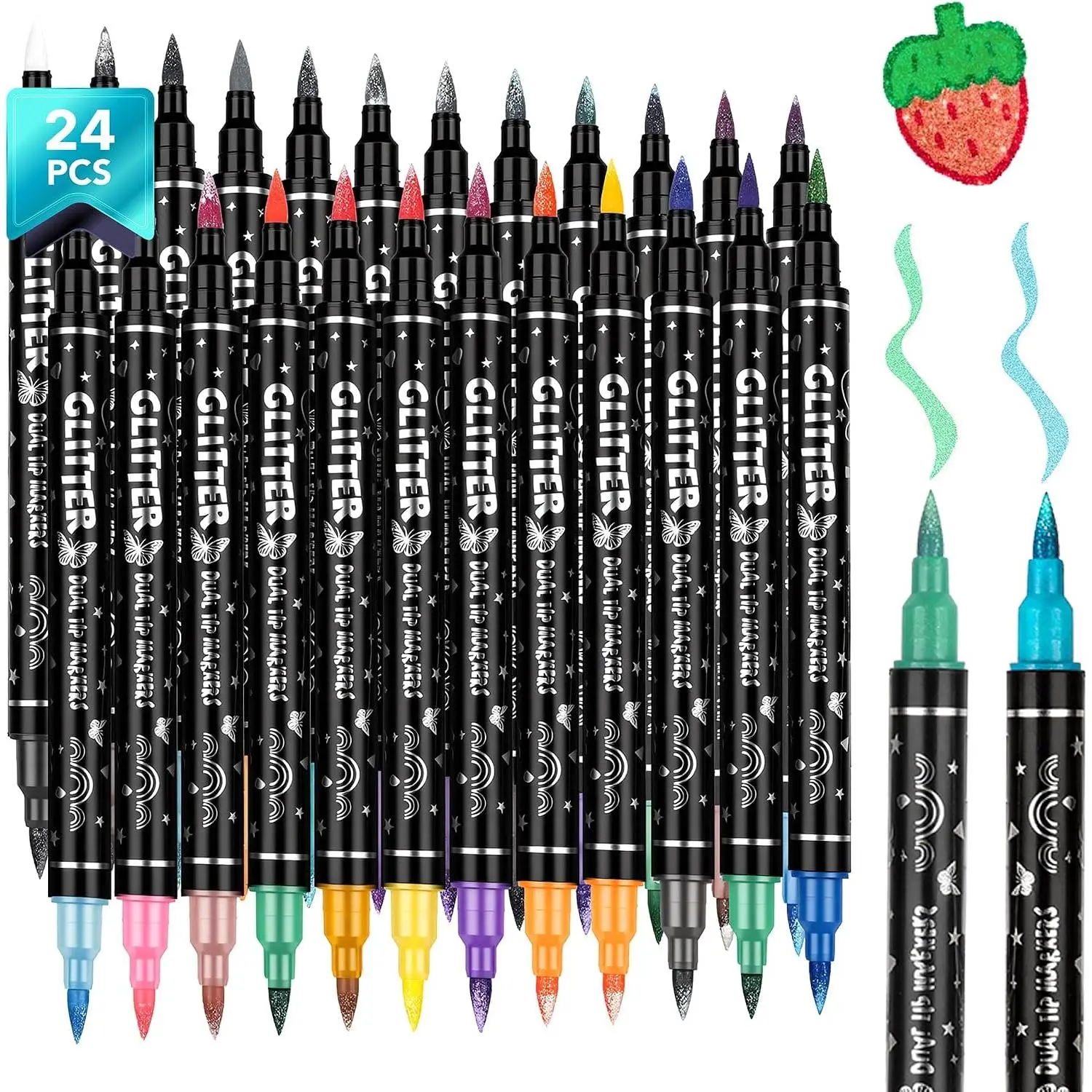 48 Colors Glitter Brush Markers,  Tip Metallic Art Markers | Flexible Brush & Chisel Tips | Adult Coloring, Journaling, Card Making, Scrapbooking & DIY Crafts