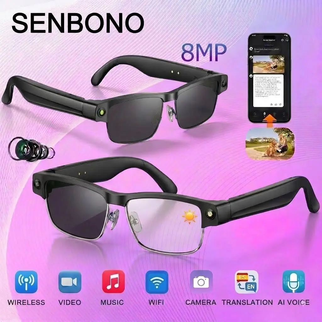 SENBONO Smart Al Camera Glasses (8MP, Photochromic Lenses) - Button-Touch Control for Travel & Outdoor Adventures, Hands-Free Capture,Bluetooth Wireless Video Recording,UV Shield, Lightweight Wearable Design