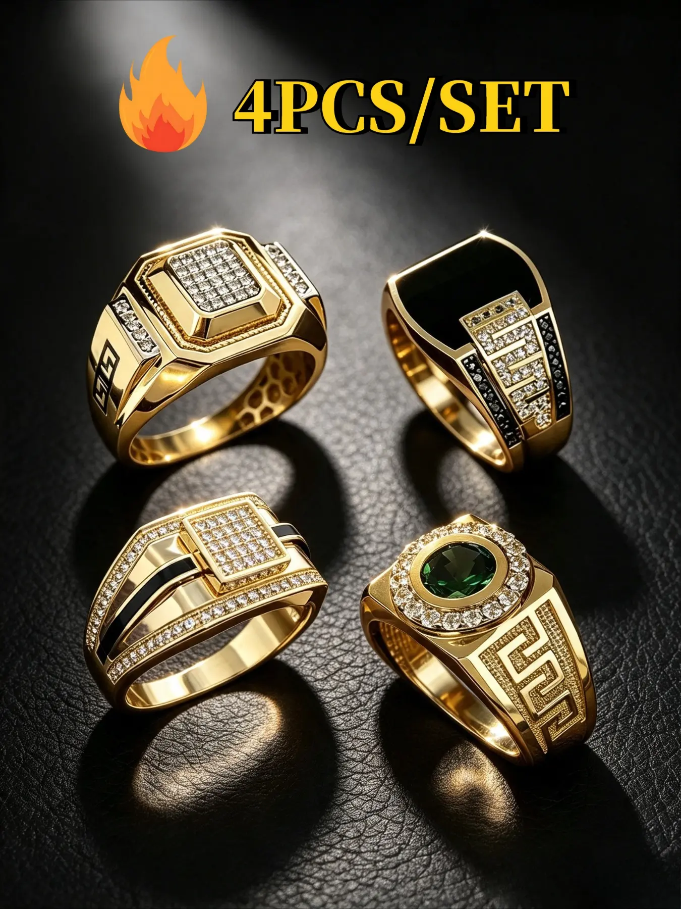 4PCS Polished Gold Plated Wide Signet Ring, Ring Set For Men Geometric Greek Key Pattern Square & Round Center Cubic Zirconia Multi Side Accent Stone Black Enamel Inlay Heavy Statement For Wedding Banquet Business Daily Outing