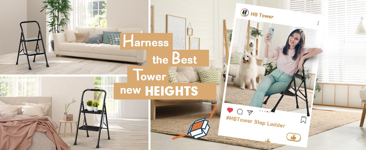HBTower 2 Step Ladder, Step Stool for Adults,2 Step Ladder Folding Step Stool with Wide Pedal Ergonomic Design