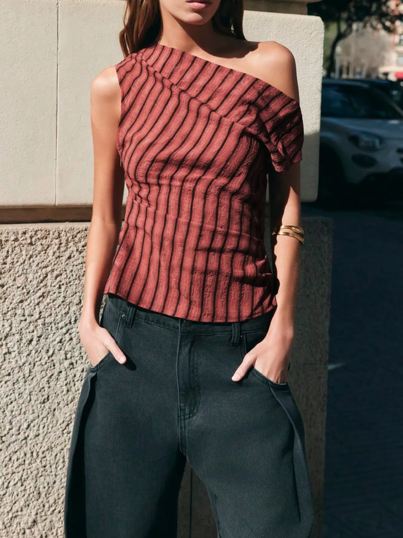 Vertical Stripe Asymmetric Shoulder Top, Sleeveless Slim Fit Asymmetrical Off-Shoulder Backless Vest, Short Dress for Dates Parties Streetwear