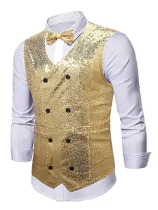 Men's Sequined Vest Two-Piece Set (vest + Bow Tie), Party Performance Suit, Bar Wedding Groomsmen Usher Formal Wear