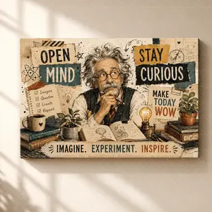 "Open Mind Einstein-Inspired Collage" Canvas Wall Art, Whimsical "Stay Curious" & Lab Print, Aesthetic Living Room Bedroom Decor, Educational Modern Statement Poster Gift,wall decor,poster.