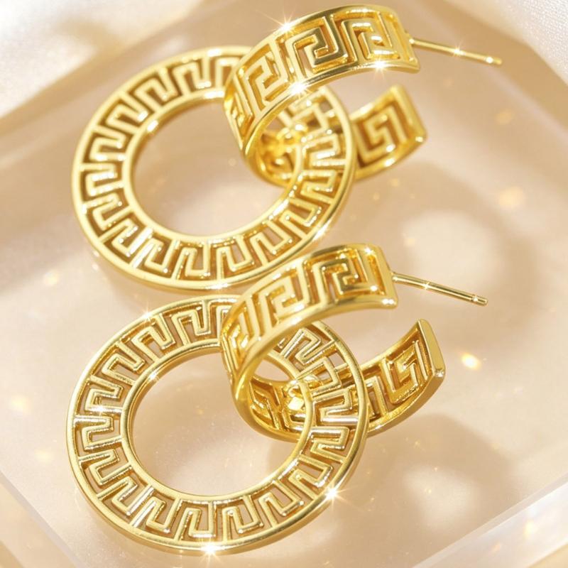 Greek Key Pattern Open Circle Drop Earrings, C‑Shaped Hoop Top Dangle Ear Jewelry, Geometric Fashion Earrings for Women Valentine Date Night and Formal Dinner Occasion