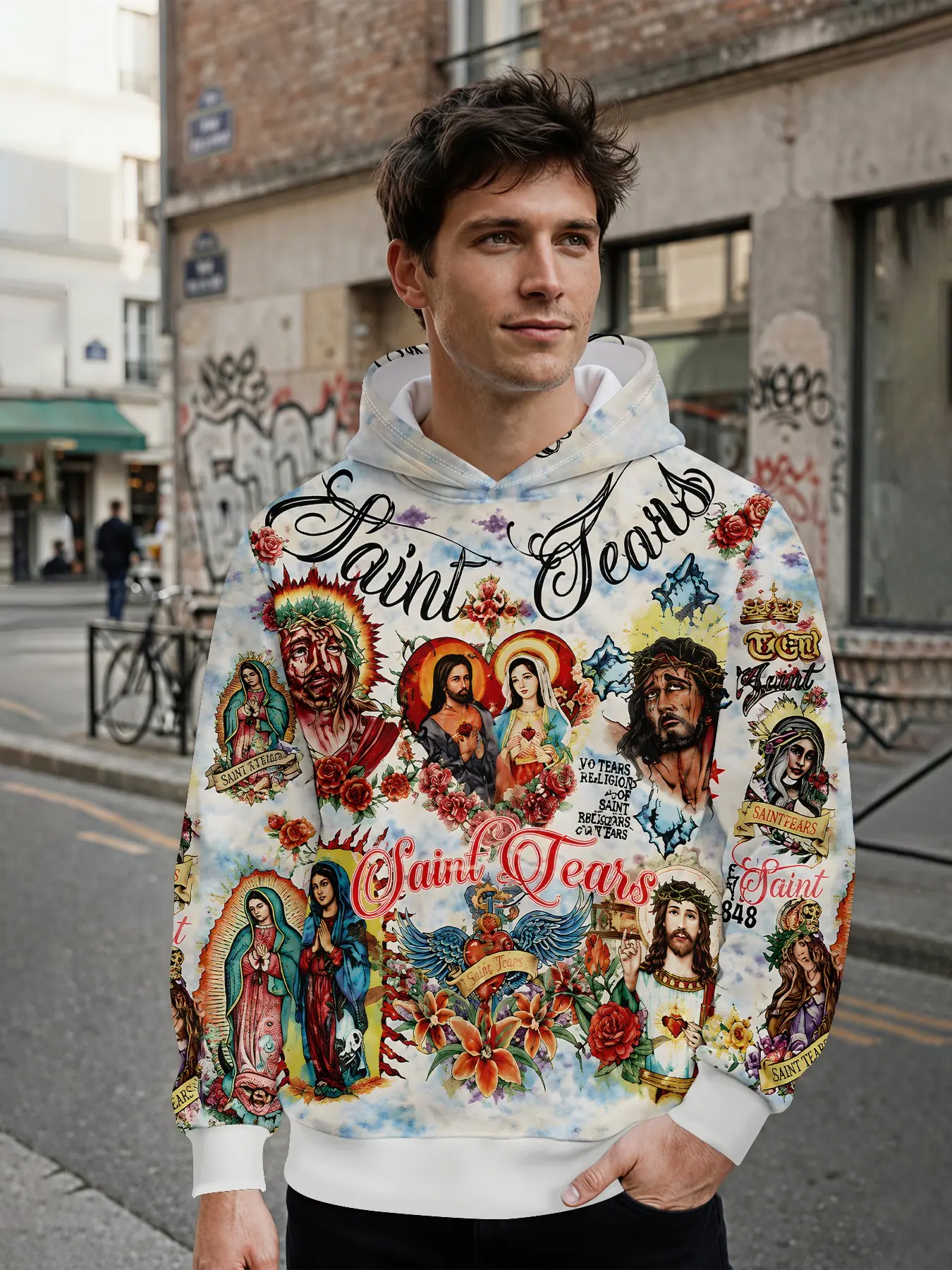 Men's Hoodie, Vintage Religious Rose All-Over Print American Streetwear Hoodie, Long-Sleeve Casual Fashion Hooded Jacket with 3D Digital Print for Men, Eye-Catching for Daily Street Looks and Music Festival Outfits, an Ideal Holiday Gift for Men