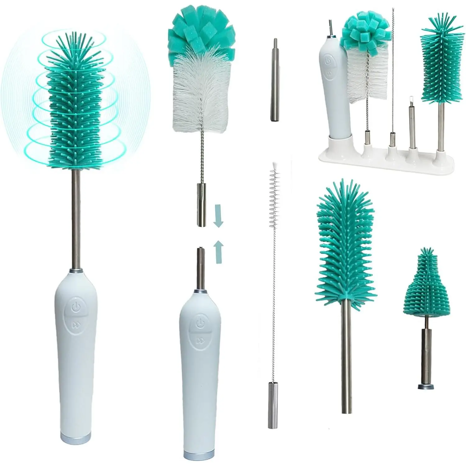 Green Electric Baby Bottle Brush with Holder - Stainless Steel Automatic Clean Tool with Extension Handle, Silicone Bristles, Sponge, Nipple and Straw Brushes