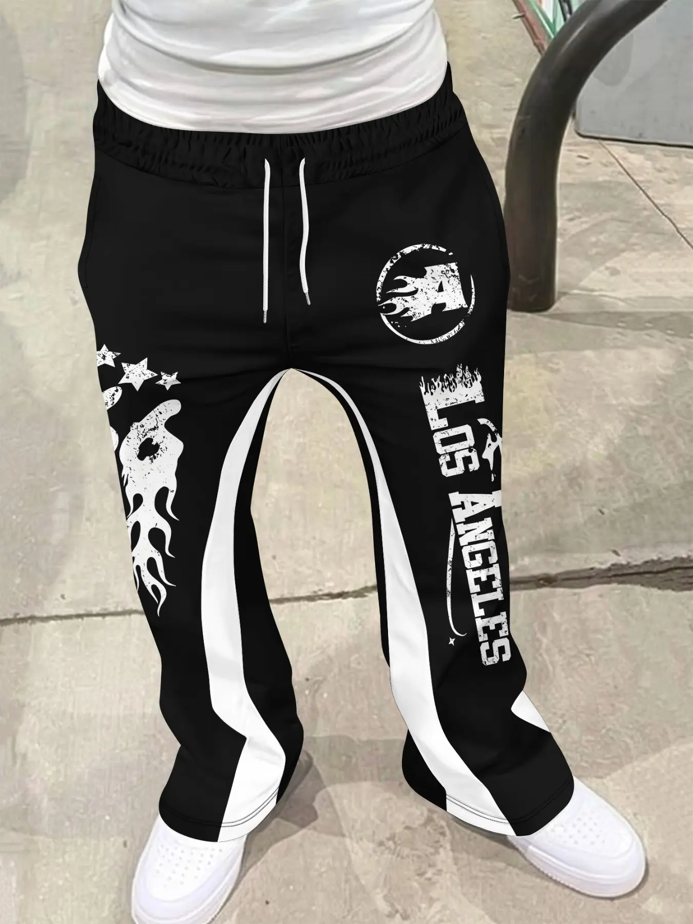 Men's Casual Flared Trousers, Street Fashion Aesthetic Graphic Print Wide Leg Pants, Elastic Waist Drawstring Slim Fit, All Seasons Y2K Style