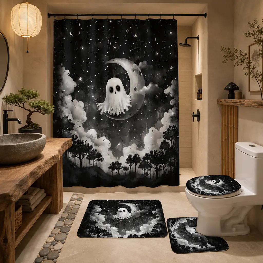 Dark Gothic Moon Ghost 4 Piece Shower Curtain Bathroom Set, Starry Sky Crescent Moon Forest Ghost Print, Waterproof Fabric Shower Curtain, Non Slip Bath Mat, U-Shaped Contour Rug, Toilet Lid Cover with 12 Hooks, Vintage Halloween Spooky Bathroom Decor