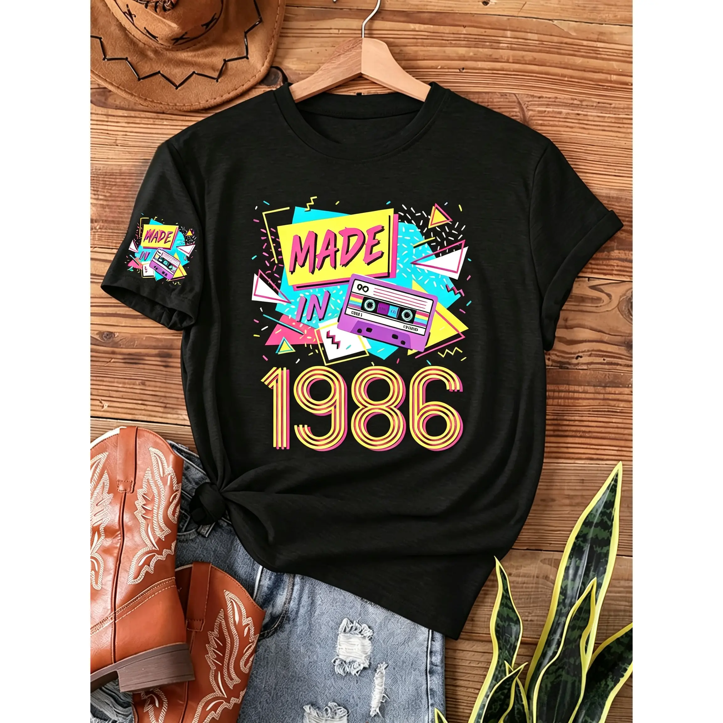 print t-shirt, Retro 80s Neon Geometric Made In 1986 Cassette Tape Vintage Nostalgic Birthday Graphic Tee, Women's clothing,women's shirts,summer graphic tees,trendy t-shirts,back to school,back to school shopping