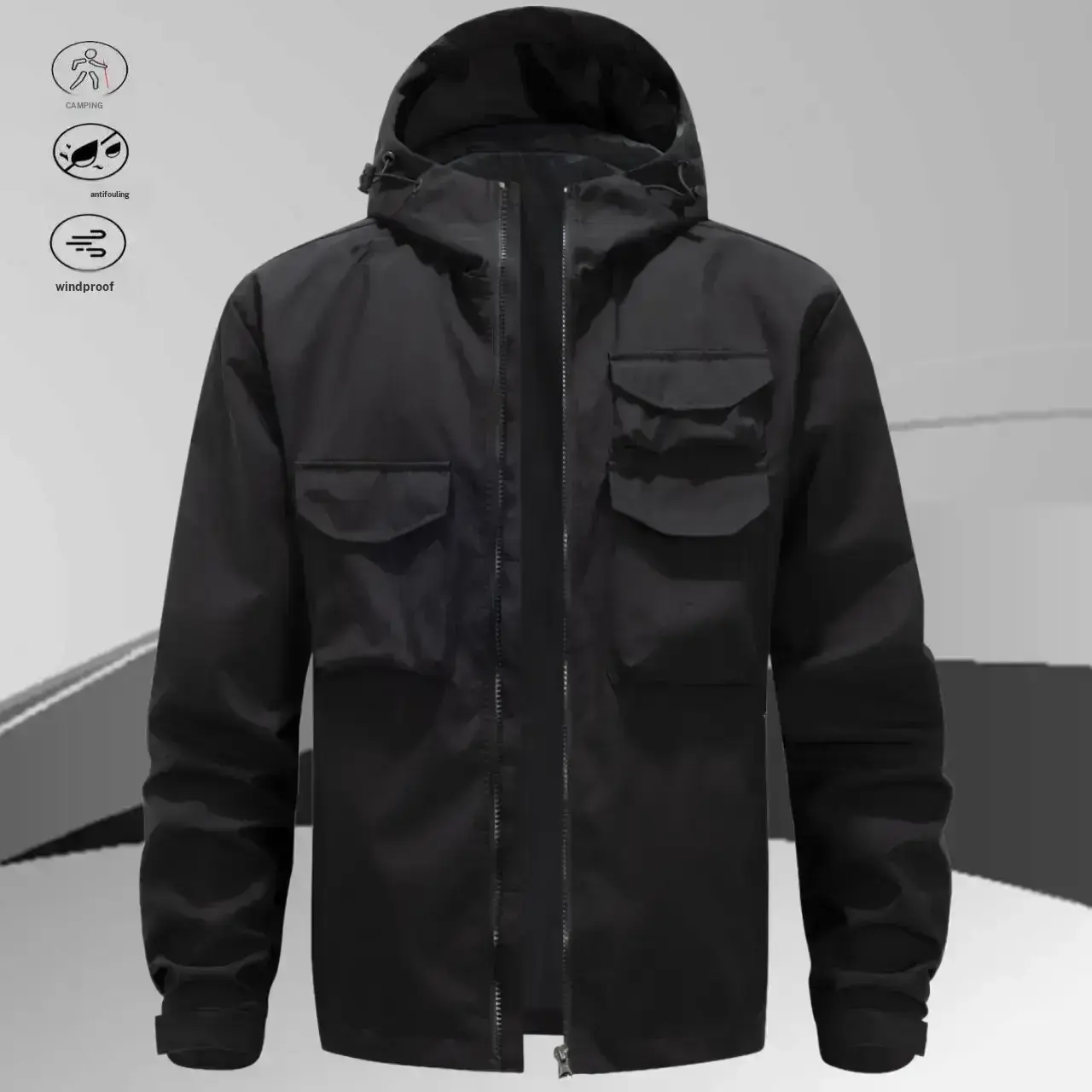 Men's Hooded Workwear Jacket - Solid Color Normal Type Full-Zip Polyester Outerwear with Multiple Pockets for Outdoor Casual Wear, Menswear Tops, Machine Washable Zipper Coat, Coats