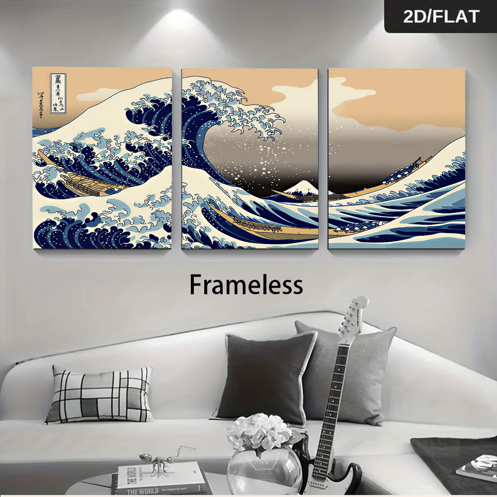 1 Set Ukiyo-e The Great Wave off Kanagawa Three-Panel Frameless Wall Art, Creative Design Print, Modern Minimalist Japanese Style 2D Flat Decor, Decoration Items for Living Room, Entryway, Hallway, Dining Room and Study