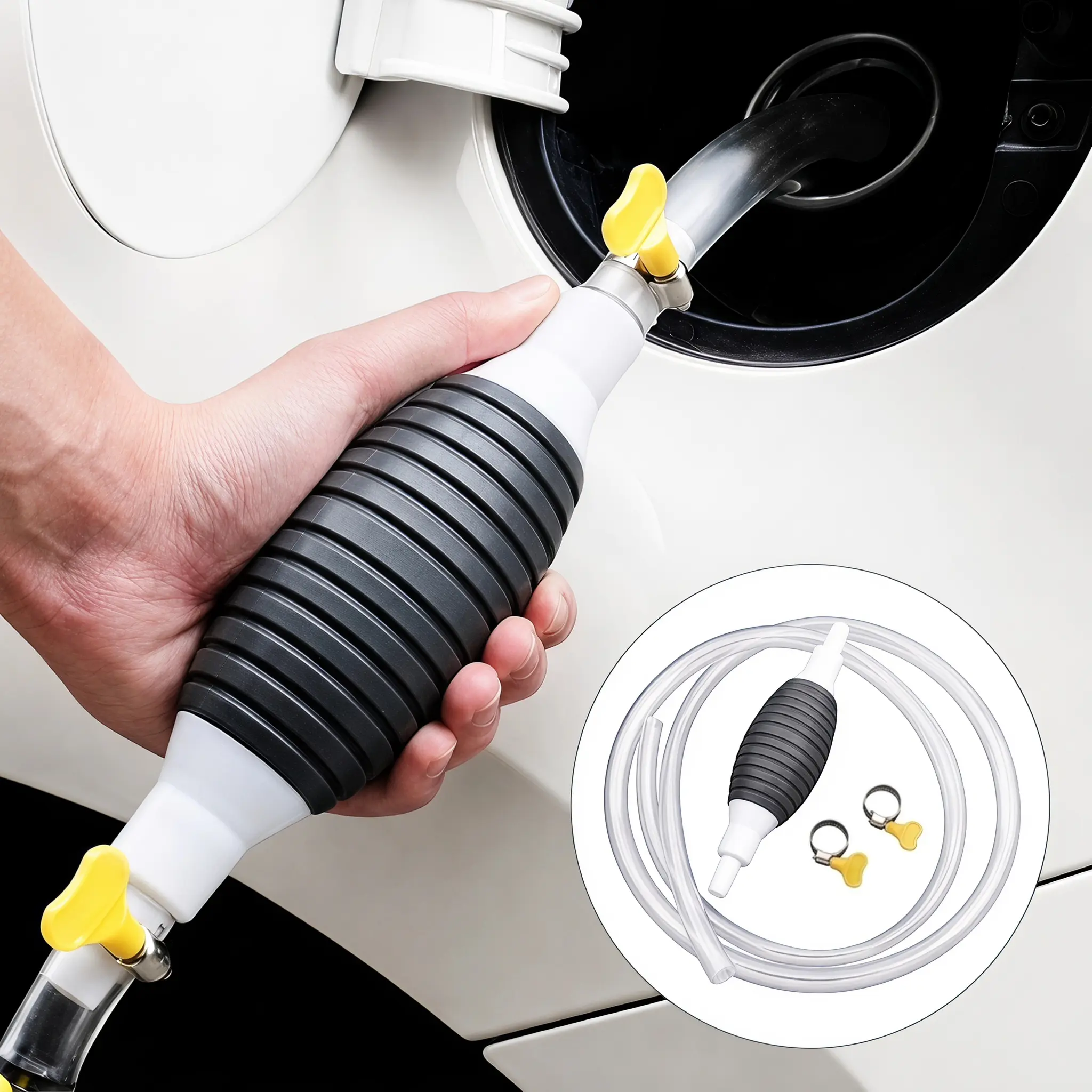 Manual Siphon Pump Kit with 1M Hose, Rubber Pump Bulb & 2 Hose Clamps, Liquid Transfer Pump for Fuel Water Oil, Car Boat Motorcycle-YY1