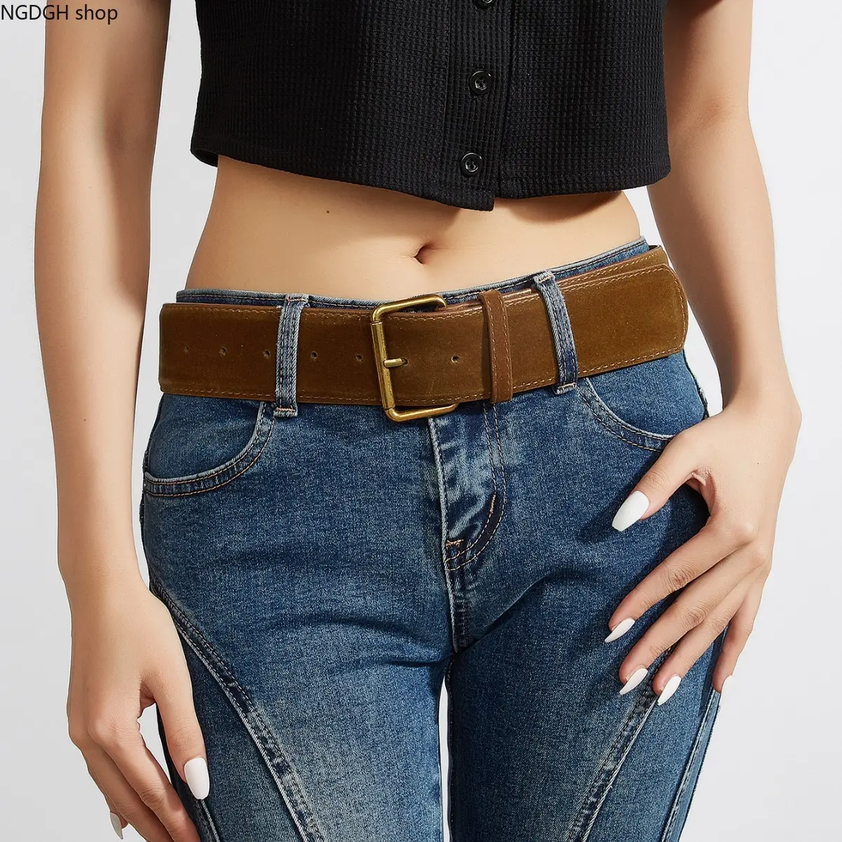 Wide Leather Belt - Thick Suede Buckle Belt for Women, Vintage Gold Hardware Western Style, Trendy Everyday Casual & Y2K Fashion Accessory