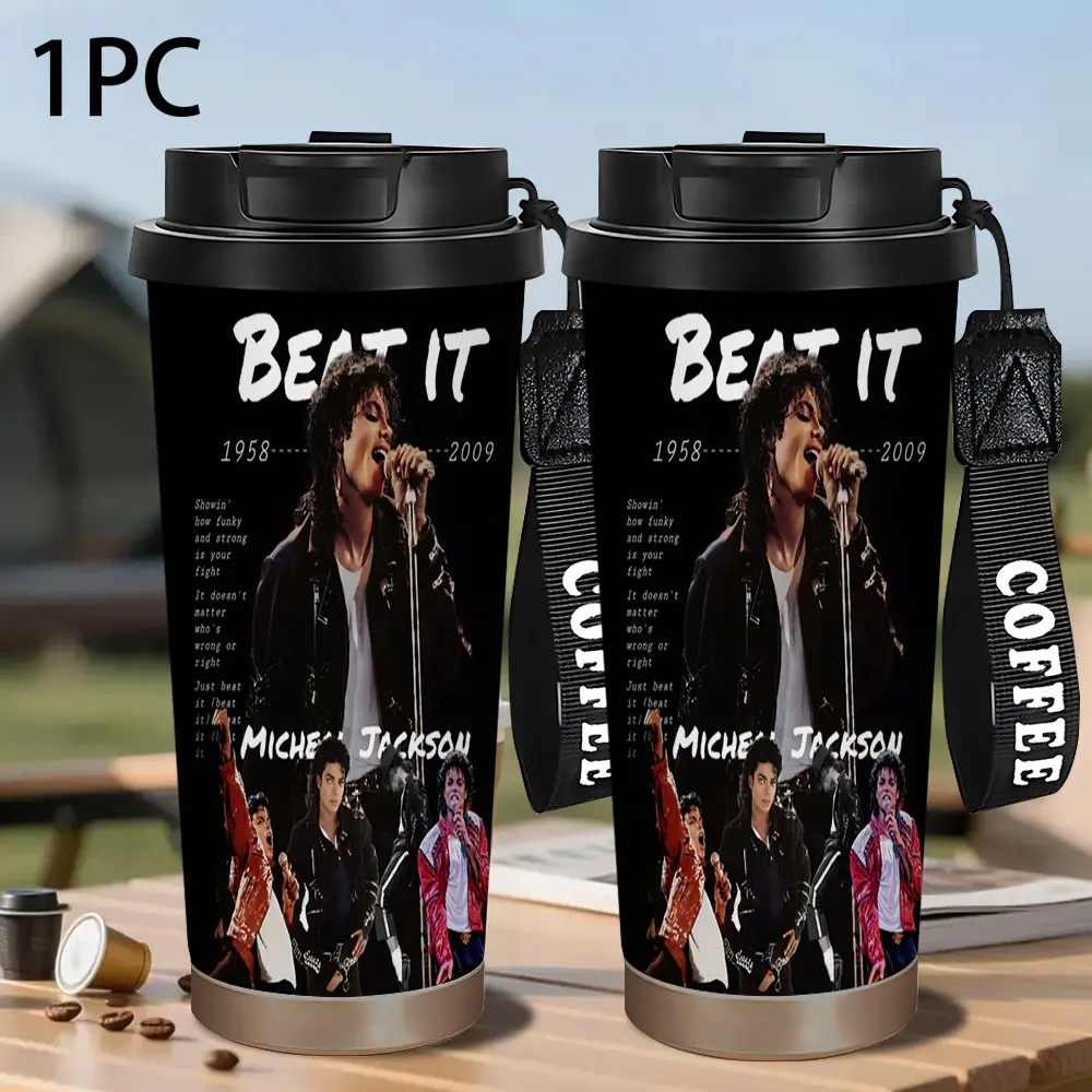 1pc Stainless Steel Travel Coffee Mug 18oz with Lanyard , Michael Jackson Beat It Concert Art Print Vacuum Insulated Leakproof Tumbler, Leak-Proof Reusable Cup for Cold and Hot Drinks, Ideal for Commuting and Collectible Gifts for Pop Music Fans