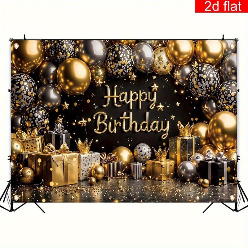 1pc 2D Flat Happy Birthday Party Banner - Black & Golden Crown Balloon Design with "Happy Birthday" Text, Durable Polyester Photography Backdrop for Indoor/Outdoor Decor, Perfect for Wall, Livin White