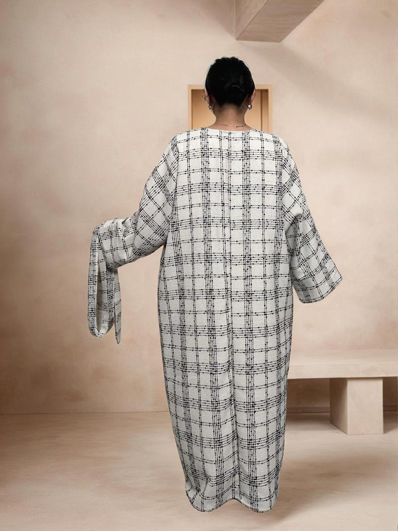 Women's Plaid Print Drop Shoulder Belted Pocket Robe, Casual Long Sleeve Open Front Robe for Fall & Winter, Women's Islamic Clothing for Daily Wear, Modesty Muslim Clothing