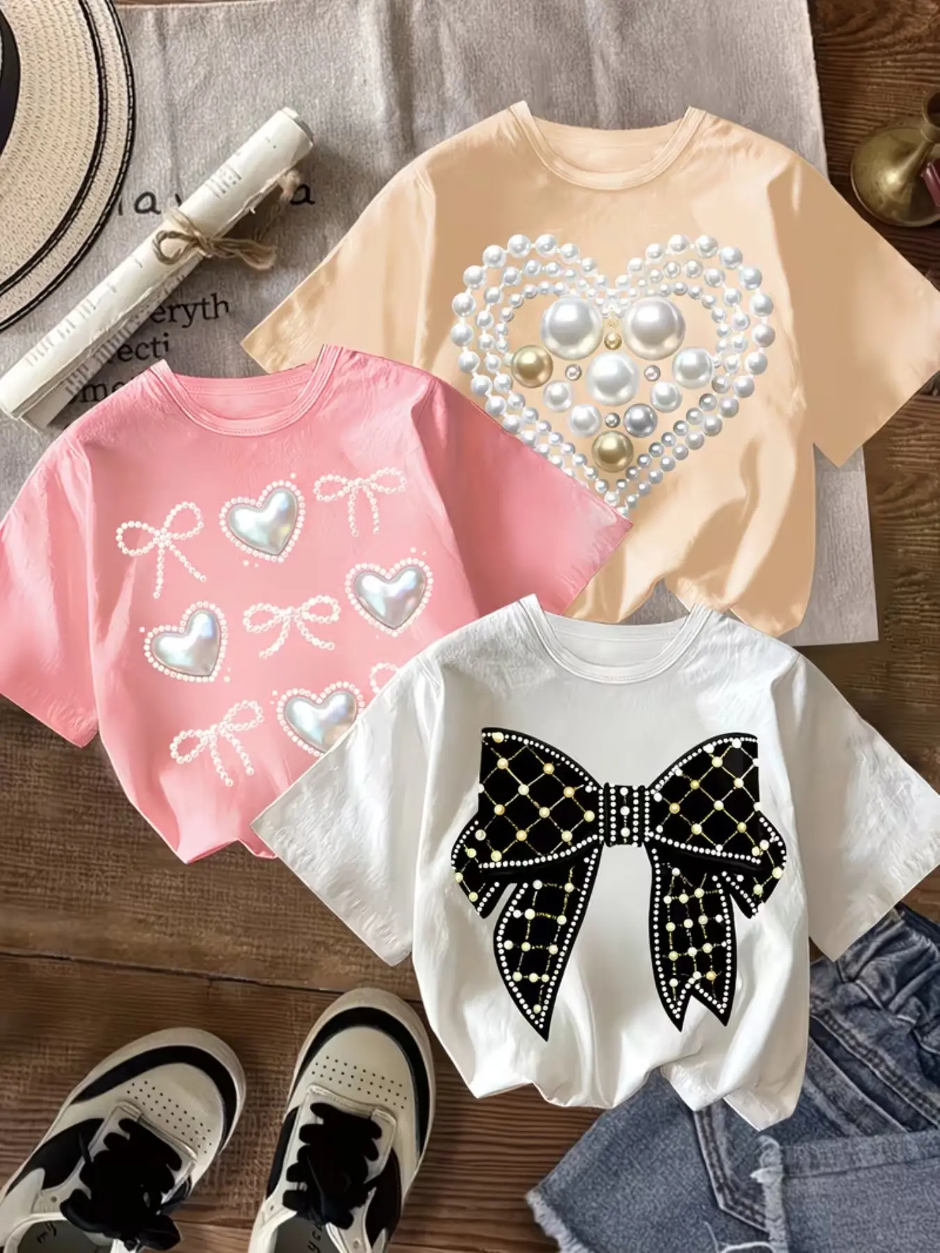 Three-Piece Set, Fashion Pearl Bow Heart Pattern Girl Short Sleeve T-Shirt, Casual and Sporty, Ideal for Daily Wear and Outdoor Activities