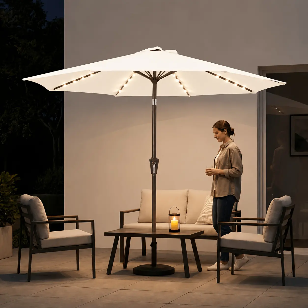 9ft Outdoor Patio Umbrella with Decorative Canopy Accents, Heavy Duty 8-Rib Steel Market Umbrella with Tilt & Crank, Cozy Evening Ambiance for Patio Dining, Deck, Yard, Pool & Garden (No Base Included)
