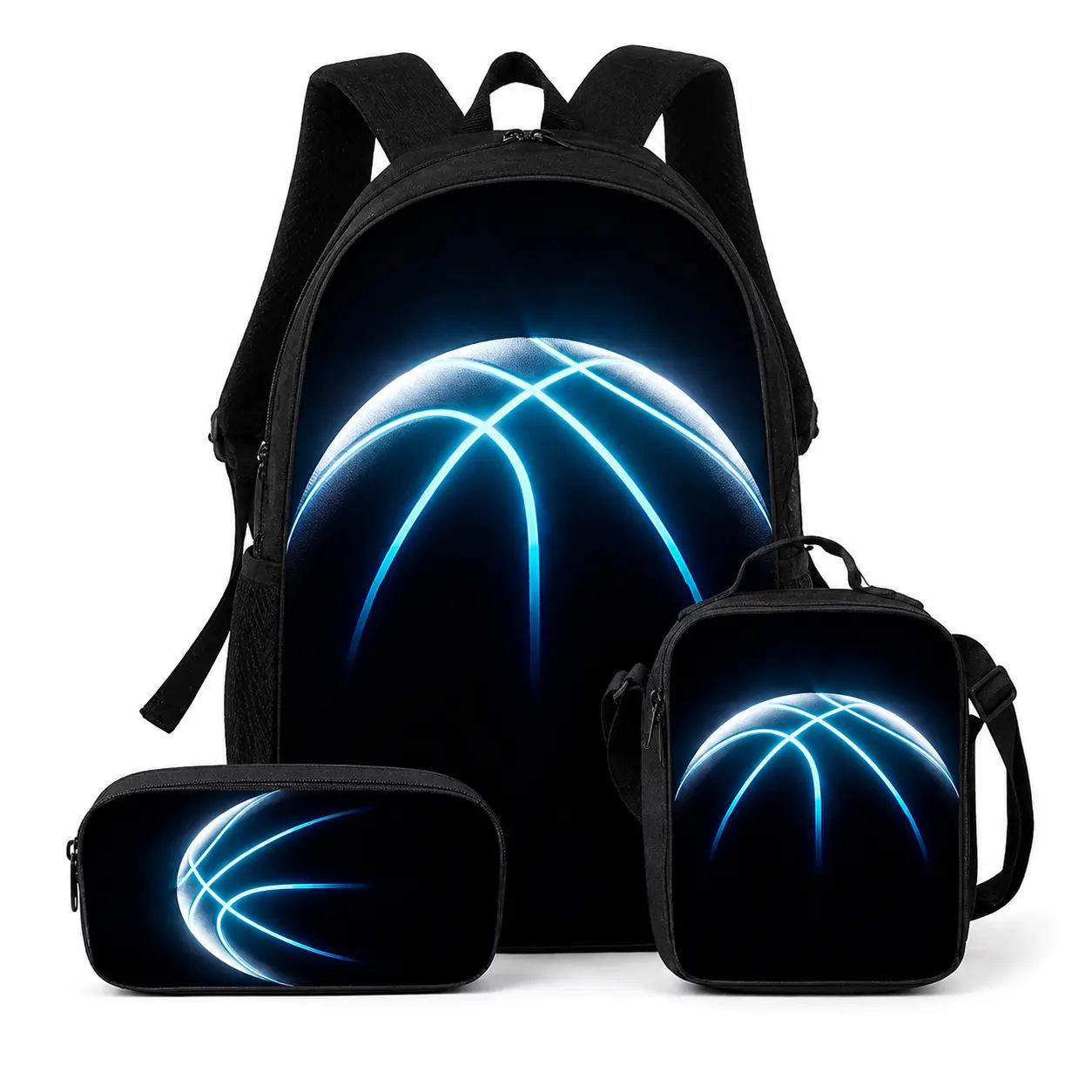3PCS Basketball Backpack Set, Blue Neon Basketball Graphic School Bag Set with Backpack, Lunch Bag and Pencil Case, Sports Student Bookbag for Boys Girls, unique birthday gift, back-to-school style
