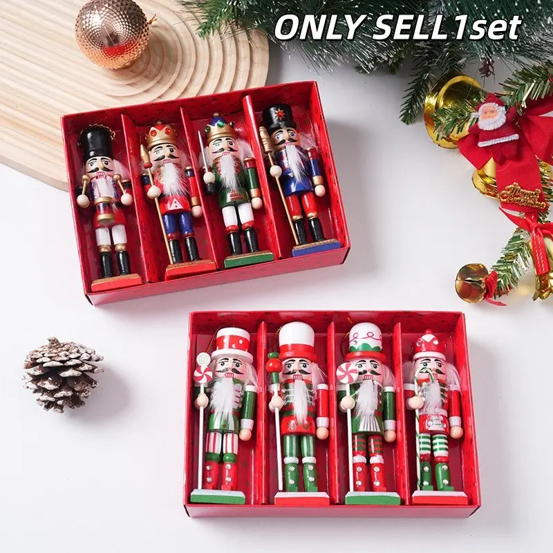 4Pcs/1Set Wooden Nutcracker Soldier Ornaments, Christmas Mini Nutcracker Figurine Set, Xmas Tree Hanging Decor Holiday Gift