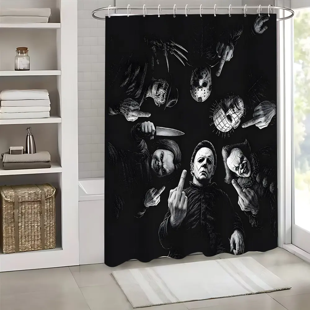 Classic Horror Movie Characters Shower Curtain Black White Sketch Pattern Style Water Resistant HD Digital Print Durable Fabric Machine Washable Easy Installation Multiple Size Options With 12 Plastic Hooks For Family Bathroom Apartment Dormitory Decor