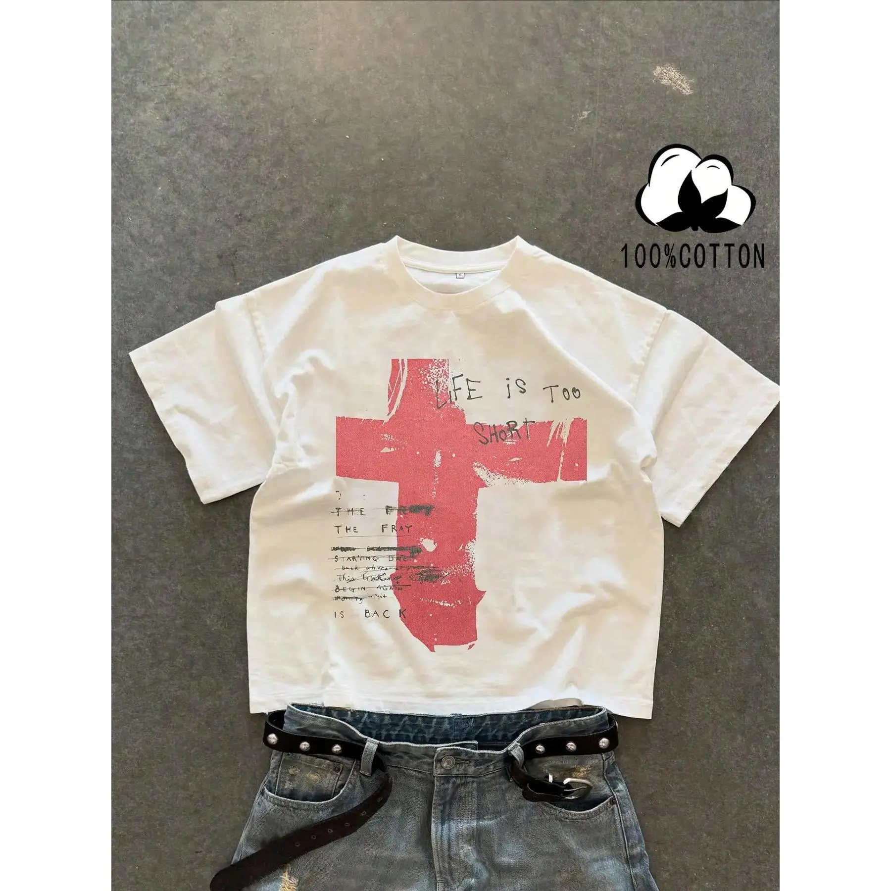 Unisex 100% Cotton Short Sleeve T-Shirt, Cross Graffiti Print, Y2K Dark Gothic Street Style, Casual Daily Wear, Loose-Fitting, Long Length
