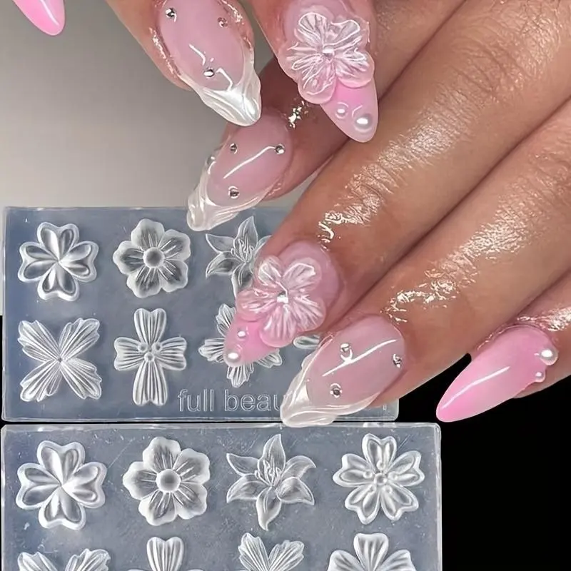 2 Piece Nail Art Silicone Molds, 3D Floral Embossing, Transparent Material, Ideal for Gel Polish, Clay Crafts, Resin Making, Nail Tools