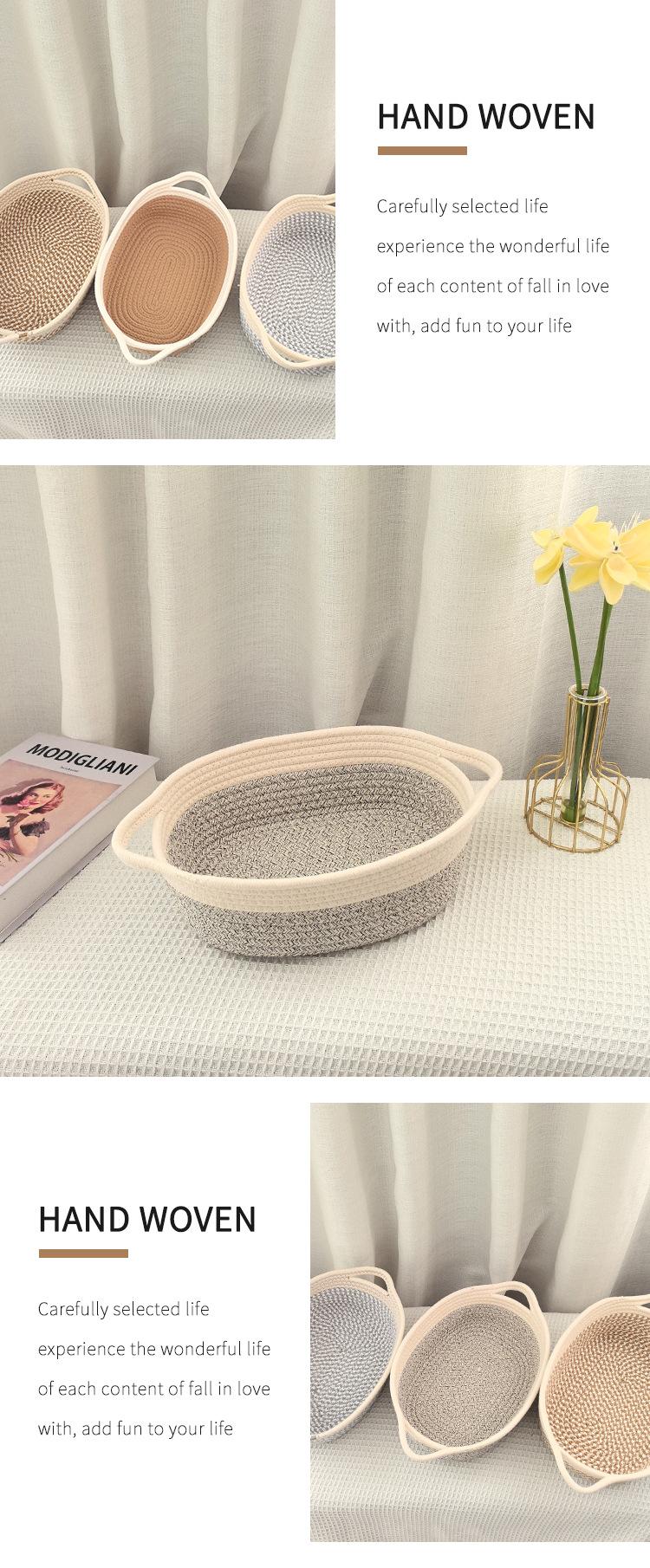 Cotton Rope Woven Storage Basket, Oval Organizer with Handle for Snacks & Toys, Portable Household Storage Bin for Living Room & Bedroom, Multifunctional Braided Storage Basket