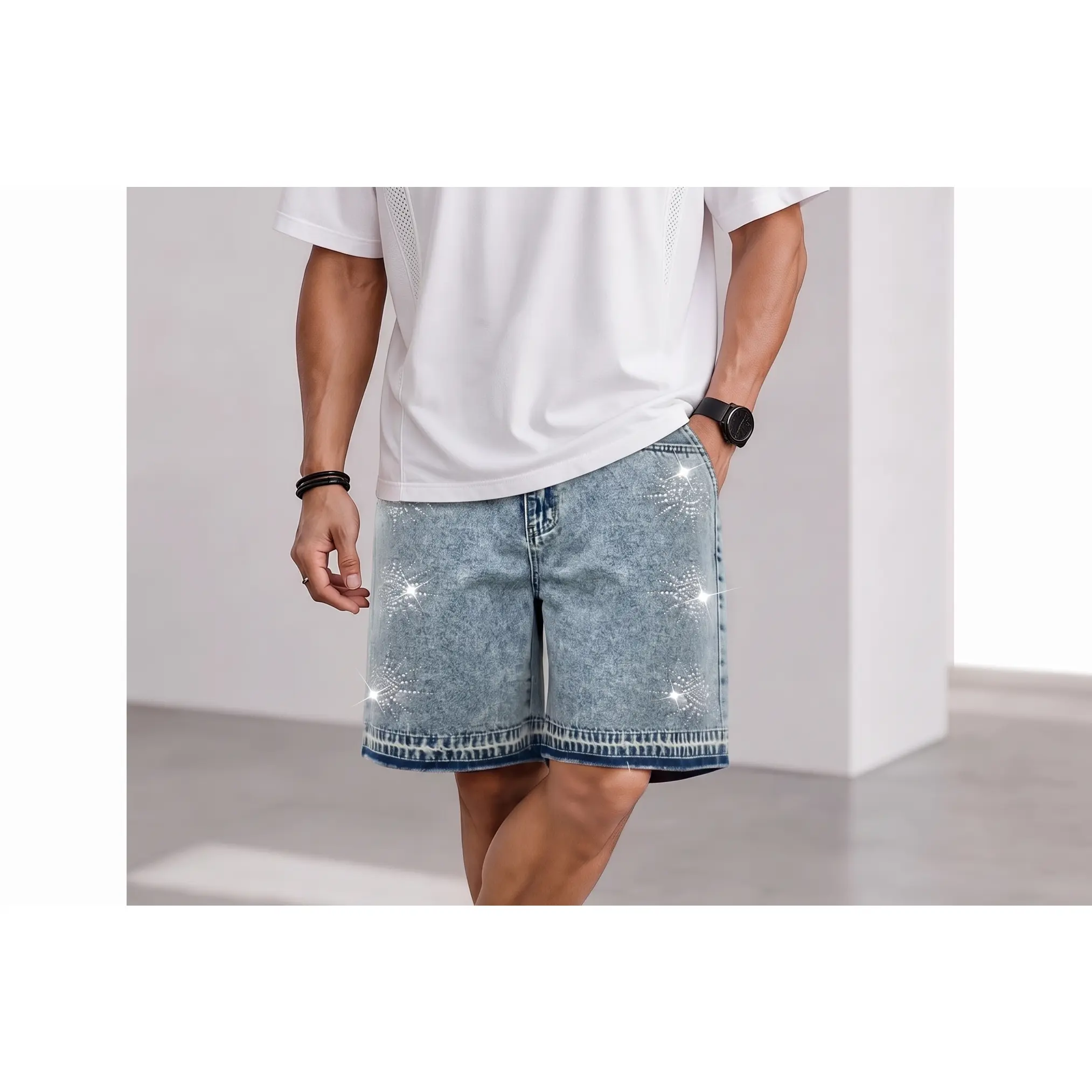 Y2K Glitter Rhinestone Firework Light Acid Wash Denim Shorts Unisex Loose Wide Leg Knee Length Jorts Oversized Baggy Bermuda Jeans Retro Sparkly Streetwear Statement Shorts For City Coffee Shop Summer Vacation Casual Looks