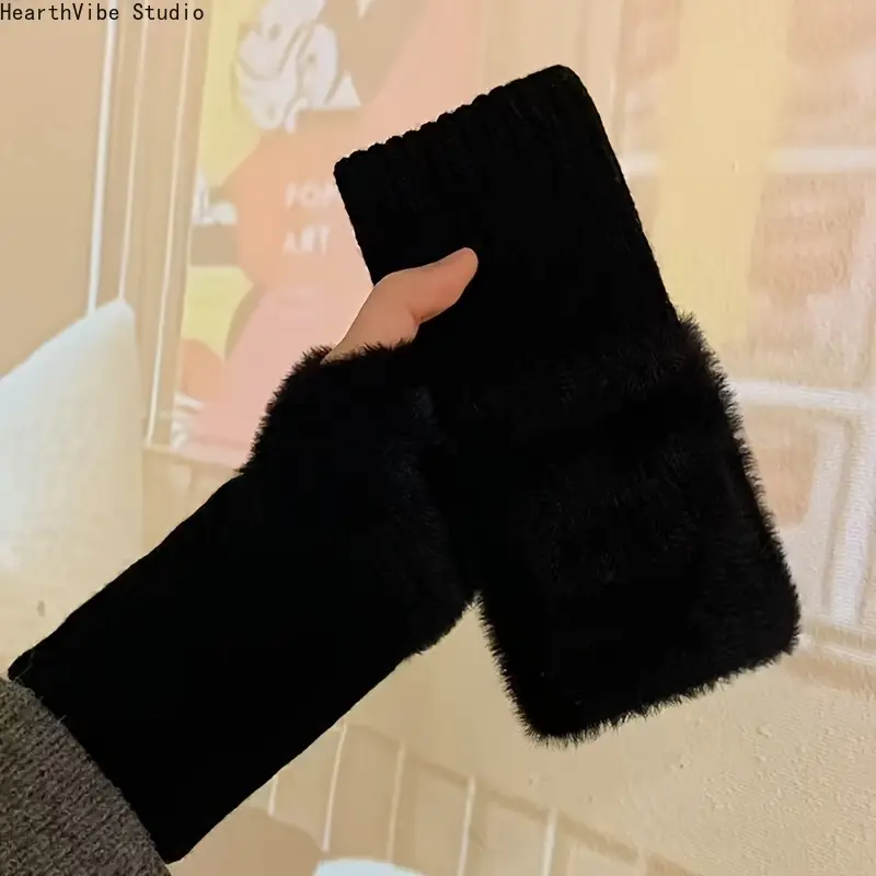 Women's Knit Fingerless Gloves with Faux Fur Trim, Soft Warm Thermal Half Finger Mittens, Y2K Aesthetic Long Arm Warmer Sleeves, Cozier Windproof Winter Wrist Protectors for Typing Outdoor Driving