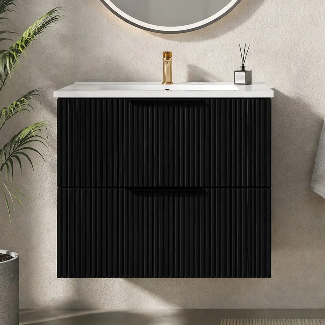 ARCH 24 Inch Wall Mounted Bathroom Vanity Cabinet with Ceramic Sink, Matte Black MDF Floating Fluted Storage Cabinet with Two Drawers, Modern Wall-Hung Bathroom Sink Cabinet for Small Space, Easy Assembly, Matte Black Color Options